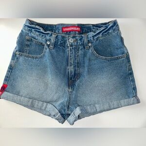 Vintage Union Bay Utility Denim Shorts With Rolled Hem And Adjustable Strap